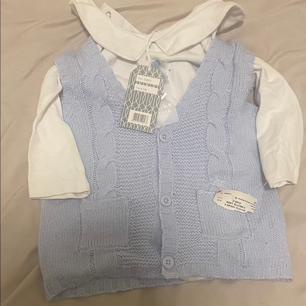 Boy’s Rock a Bye Baby Boutique Light Blue Cable Knit Vest with White Shirt